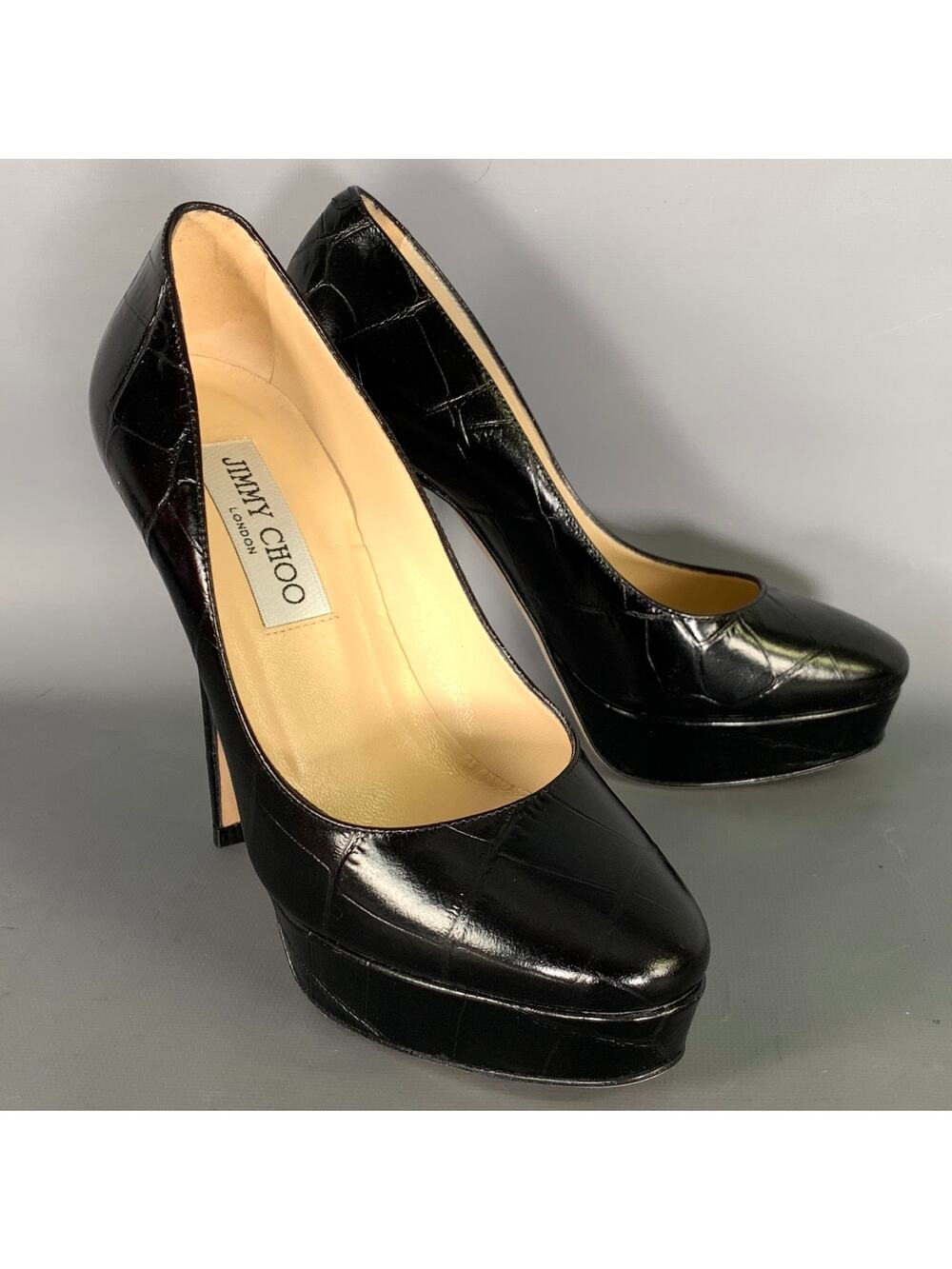 JIMMY CHOO Size 6 Black Leather Croc Embossed Stiletto Pumps